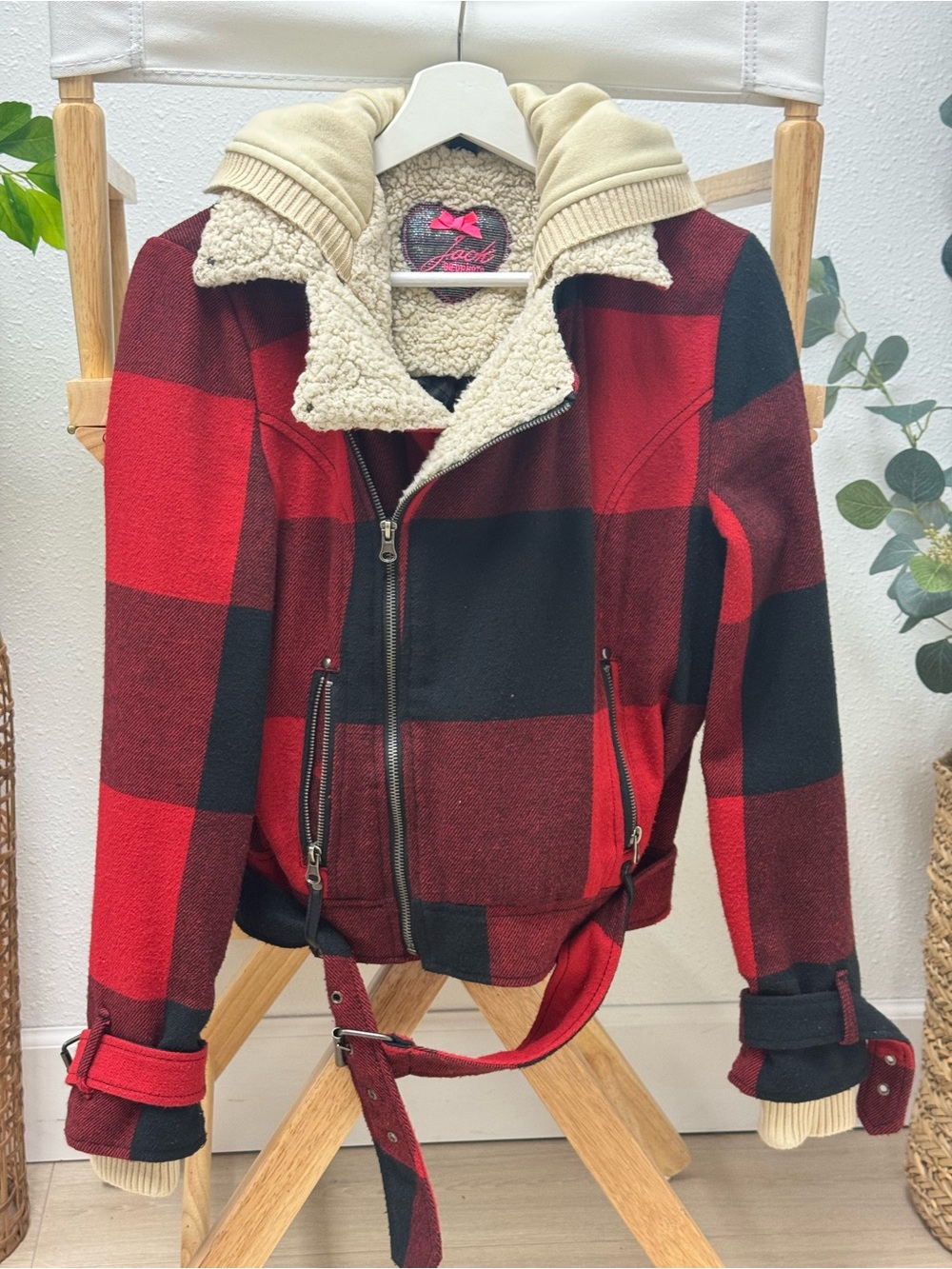 Jack by BB Dakota Red & Black Plaid Sherpa-Lined Hooded Jacket